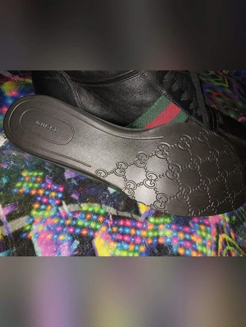 Gucci Black Leather High-Top Sneakers with Red & Green Web Stripe Size 12